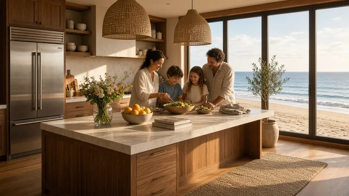 A family of four makes a salad at a marble island in a warm walnut kitchen with woven pendant lights, a stainless refrigerator and floor-to-ceiling windows facing the beach