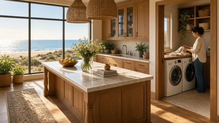 A sunlit oak kitchen with an ocean view leads to a laundry nook, where a woman folds a towel above a matching white front-load washer and dryer