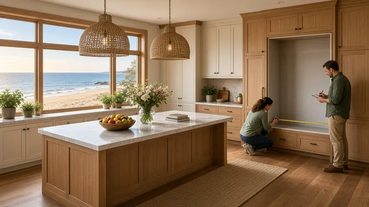 In a warm oak kitchen with an ocean view through big windows, a woman kneels to measure the width of an empty refrigerator opening while a man takes notes